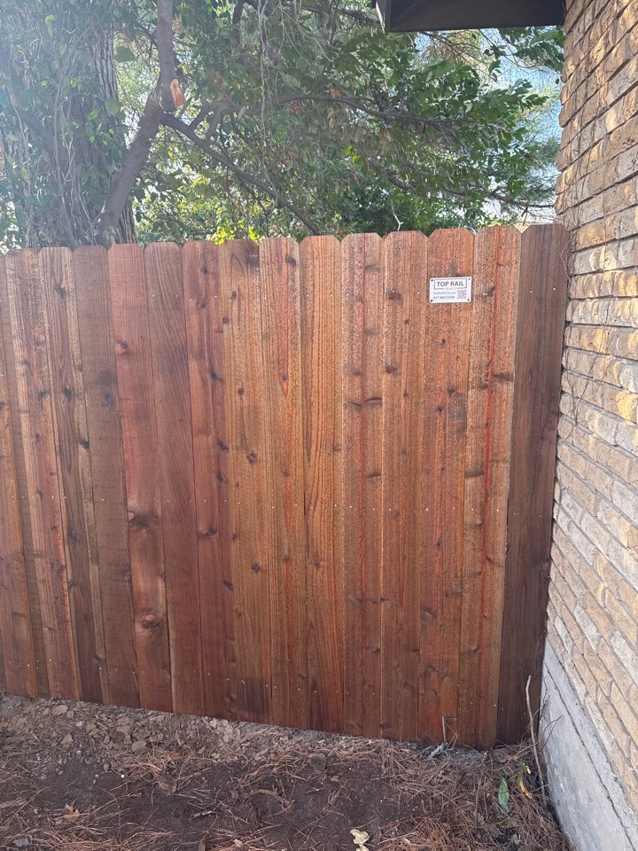 Hurst, TX - Just completed a beautiful 6 foot height cedar stained fence. This homeowner was looking to get his gates repaired and we were able to complete the job in one day. The pre-stain helps seal the pickets and ensure they last a long time this job was completed in hurst Texas by Top Rail Fence! Hurst, TX - Just completed a beautiful 6 foot height cedar stained fence. This homeowner was looking to get his gates repaired and we were able to complete the job in one day. The pre-stain helps seal the pickets and ensure they last a long time this job was completed in hurst Texas by Top Rail Fence!